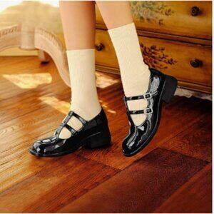 YDN Black Square Toe Platform Mary Jane Chunky Low Heel Pumps Double Straps Shoe